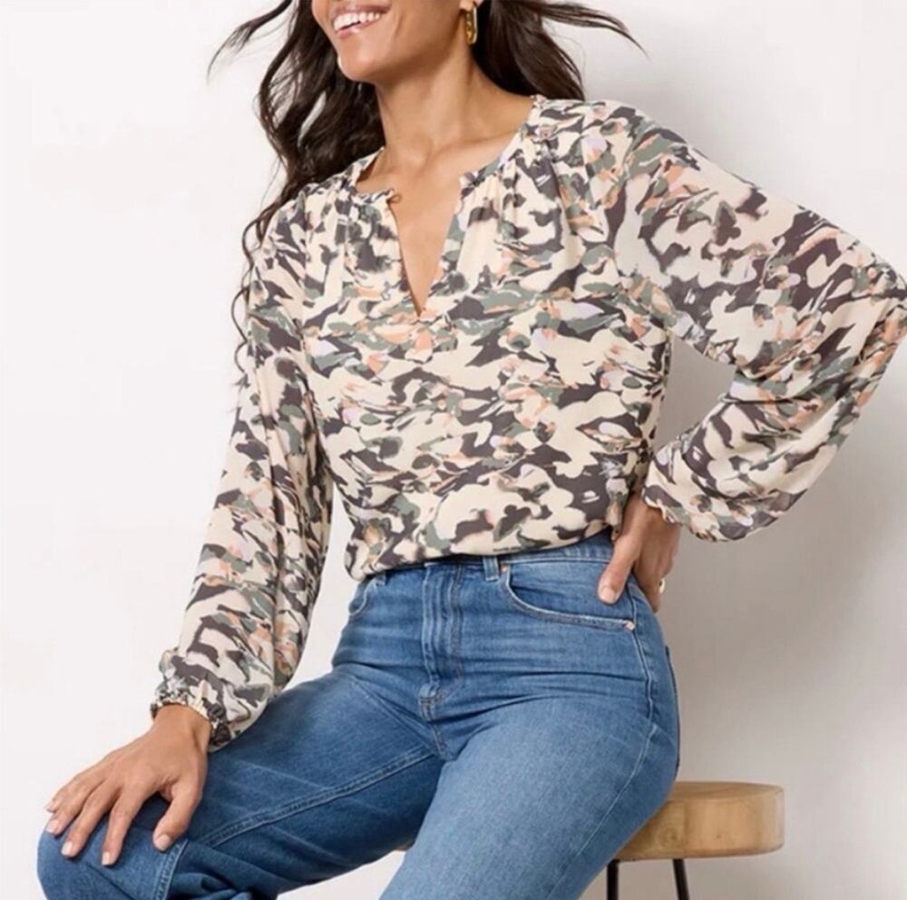 Evereve Watercolor Print V-Neck Peasant Blouse Long Sleeve Size Large